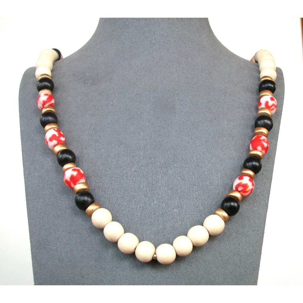 Handcrafted Beaded Necklace With Red Black & Gold Accents